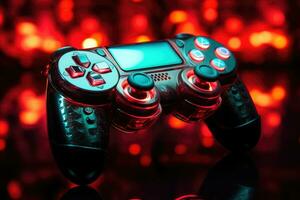 video spel kontrollant på en svart bakgrund med neon lampor. stänga upp foto