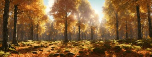 panorama- solig skog i höst. ai genererad foto