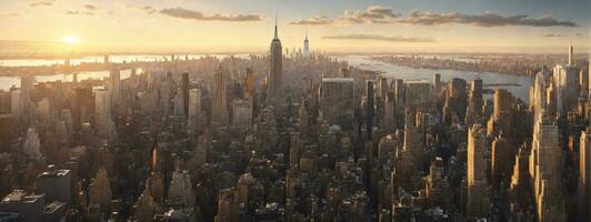 solnedgång se av ny york stad ser över midtown manhattan. ai genererad foto