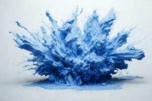 abstrakt blå damm explosion på vit bakgrund. frysa rörelse av blå pulver stänk. målad holi i festival.. ai genererad foto
