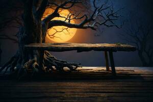 gammal trä tabell och silhuett död- träd på natt för halloween bakgrund.. ai genererad foto