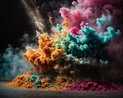 abstrakt pulver stänkte bakgrund. färgrik pulver explosion på vit bakgrund. färgad moln. färgrik damm explodera. måla holi. ai genererad foto