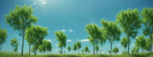 grön gräs på blå klar himmel, vår natur tema. panorama. ai genererad foto