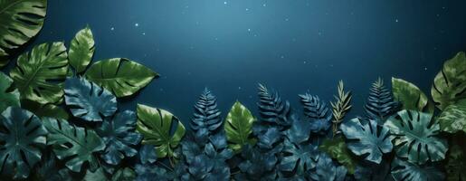 samling av tropisk löv, lövverk växt i blå Färg med Plats bakgrund. ai genererad foto