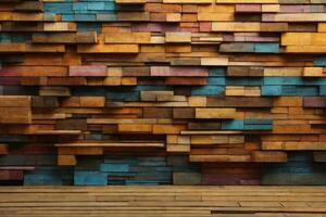 trä åldrig konst arkitektur textur abstrakt blockera stack på de vägg för bakgrund, abstrakt färgrik trä textur för bakgrund.. ai genererad foto