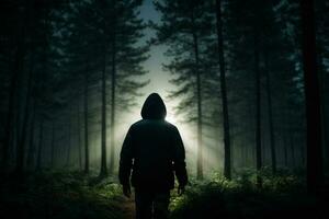 silhuett av ensam man i skog. ai genererad foto
