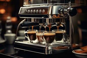 kaffe maskin med koppar av kaffe, stänga upp. generativ ai foto