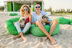 ung attraktiv leende par har roligt på strand spelar med hundar foto
