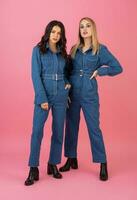 två upphetsad attraktiv flicka vänner aktiva kvinnor Framställ på rosa bakgrund i denim övergripande har roligt tillsammans mode trend foto