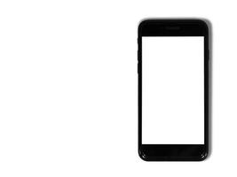 svart telefon isolerad på vit bakgrund med kopieringsutrymme på skärmen foto