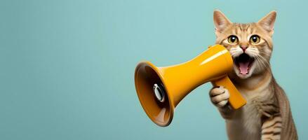 katt tillkännager använder sig av hand högtalare. meddela, varning, meddelande foto