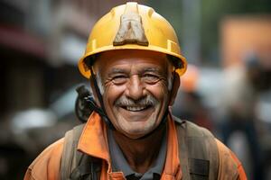 leende pakistan äldre arbetstagare. begrepp av säkerhet åtgärder, skicklig arbetskraft och arbetskraft. foto