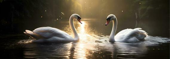 två vit svanar i romantisk kärlek på sjö foto