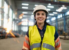 porträtt tung industri ingenjör kvinna arbetstagare bär säkerhet väst och Hardhat leende på kamera. i de bakgrund ofokuserad stor industriell factory.ai-genererad. foto