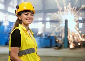 porträtt tung industri ingenjör kvinna arbetstagare bär säkerhet väst och Hardhat leende på kamera. i de bakgrund ofokuserad stor industriell factory.ai-genererad. foto