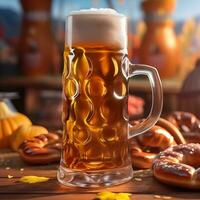 närbild öl och saltade saltkringlor på trä- tabell på oktoberfest. öl dag. ai generativ foto