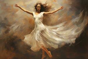 skön ung kvinna i en vit klänning dans i de vind. ett verkan flygande dansa utgör av en kvinna dans balett, olja målning stil, ai genererad foto