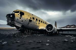 övergiven flygplan på de strand, island. tonad. ett övergiven flygplan vilar högtidligt på en ödslig svart sand strand, ai genererad foto