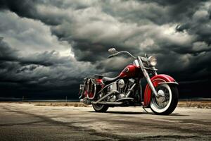 motorcykel på en väg i de öken- med stormig himmel. amerikan motorcyklar på de väg, ai genererad foto