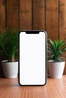 ai generativ en smartphone på en trä- tabell med växt foto