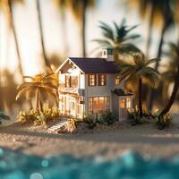 ai generativ en porträtt av en miniatyr- hus i hav strand med handflatan träd och vågor foto