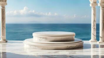 vit marmor podium med hav se på bakgrund. hög kvalitet Foto