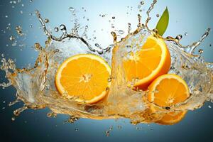 färgrik juice stänk spricker från en färsk orange isolerat på en vit bakgrund foto