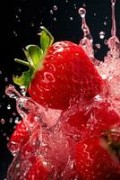 färsk jordgubb störtar in i juice med stänk isolerat på en lutning bakgrund foto