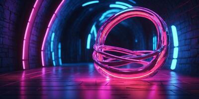 3d framställa. geometrisk figur i neon ljus mot en mörk tunnel. laser glöd.. ai genererad foto