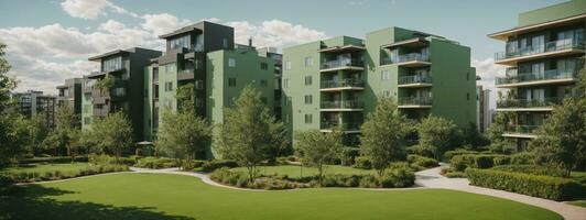 modern lägenhet byggnader i en grön bostads- område i de stad. ai genererad foto