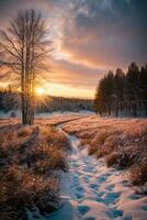 solnedgång i de trä i vinter- period. ai genererad foto