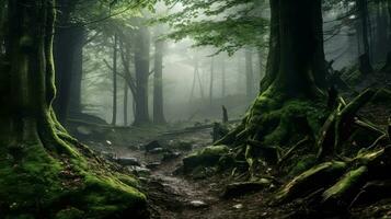 landskap dimmig skog skog ai genererad foto