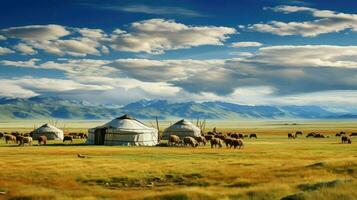 tält mongoliska yurts traditionell ai genererad foto