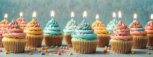 färgrik Lycklig födelsedag cupcakes. ai genererad foto