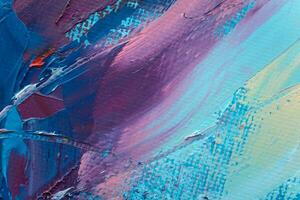 närbild av abstrakt grov färgrik konst målning textur, med olja penseldrag, lastpall kniv måla på duk, komplementär färger. foto