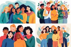 grupp av abstrakt tecknad serie tecken människor. vänner eller medarbetare är stående, kramar, Framställ tillsammans. lagarbete, samhörighet, vänskap begrepp. färgrik illustration. foto