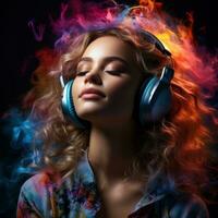 porträtt av män och kvinnor av annorlunda lopp, hud färger och hår färger i hörlurar lyssnande till musik på en neon bakgrund. foto