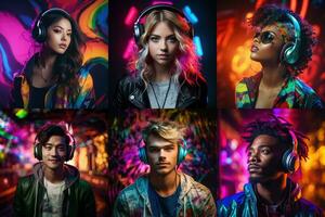 porträtt av män och kvinnor av annorlunda lopp, hud färger och hår färger i hörlurar lyssnande till musik på en neon bakgrund. foto