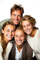 en familj porträtt full av glädje efter en framgångsrik återförening isolerat på en vit bakgrund foto