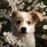 oskyldig hund bland blomning blommor ai genererad, ai generativ foto