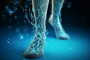 manlig ben med lysande vener på mörk blå bakgrund. 3d tolkning generativ ai foto