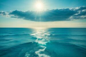 blå hav panorama med Sol reflexion, de omfattande öppen hav med klar himmel, krusning Vinka och lugna hav med skön solljus. ai genererad foto