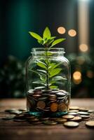 växt växande i besparingar mynt - investering och intressera begrepp. ai genererad foto