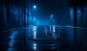 mörk gata, våt asfalt abstrakt mörk blå bakgrund, tömma mörk scen, neon ljus. ai generativ foto