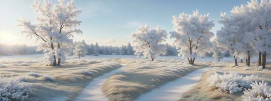 vit trä täckt med frost frostig landskap. ai genererad foto