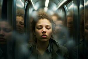 porträtt av en ung kvinna i en tunnelbana bil, suddig bakgrund, person med en upptagen tunnelbana pendla på rusa timme, visa upp deras förvirrad humör och otålighet, ai genererad foto