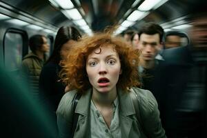 chockade rödhårig flicka i en tunnelbana bil. chockade ung kvinna i en tunnelbana bil. person med en upptagen tunnelbana pendla på rusa timme, visa upp deras förvirrad humör och otålighet, ai genererad foto