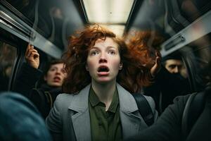 porträtt av rädd rödhårig flicka i bil med öppen mun ser genom fönster, person med en upptagen tunnelbana pendla på rusa timme, visa upp deras förvirrad humör och otålighet, ai genererad foto