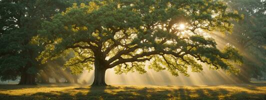 gammal ek träd lövverk i morgon- ljus med solljus. ai genererad foto
