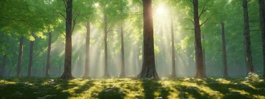 tyst skog i vår med skön ljus Sol strålar. ai genererad foto